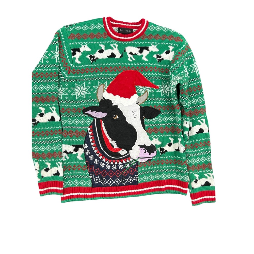 Blizzard Bay Ugly Christmas Sweater Cow Santa Hat Green Mens Medium